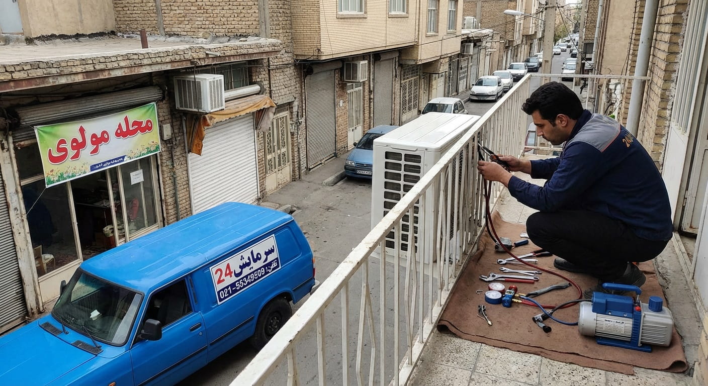 تعمیر کولر گازی مولوی - تکنسین در حال تعمیر اسپلیت